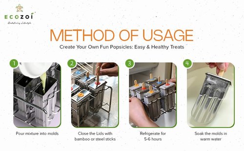 ecozoi Stainless Steel Popsicle Molds and Rack - 10 Square Ice Pop Makers + 50 Reusable Bamboo Sticks + 20 Silicone Seals + 1 Cleaning Brush + 1 Rack