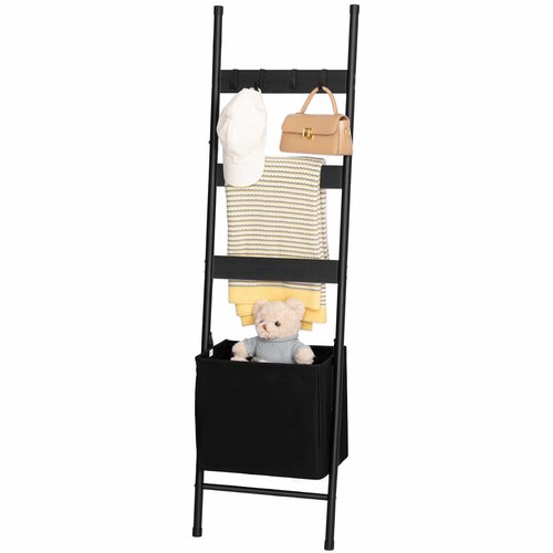 HOOBRO Blanket Ladder with Basket, 17.3”L x 63.4”H, Towel Rack with Hooks, Blanket Holder Rack, Decorative Ladder Shelf, Drying and Display Rack for Bathroom, Living Room, Black BB31CJ01