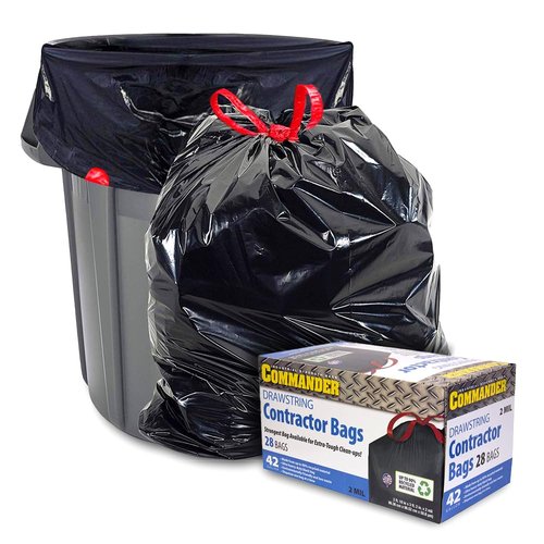 Commander 42 Gallon 2 MIL Black Heavy Duty Trash Bags - 34" x 38" - Pack of 28 - For Home, Kitchen, Lawn, Outdoor, Construction, & Contractor