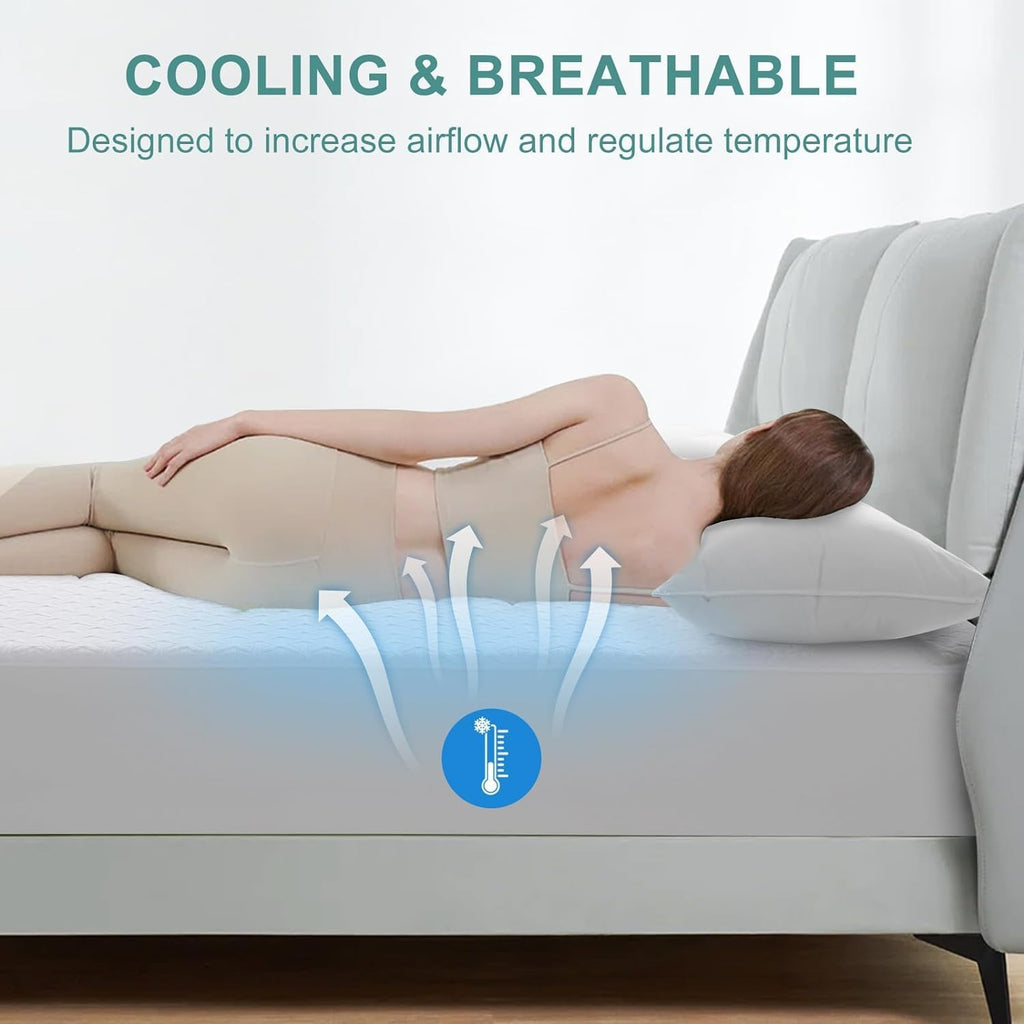Skiennix Premium Waterproof Mattress Protector - Breathable 4D Air Cooling Queen Size Pad | Noiseless & Vinyl Free (White)