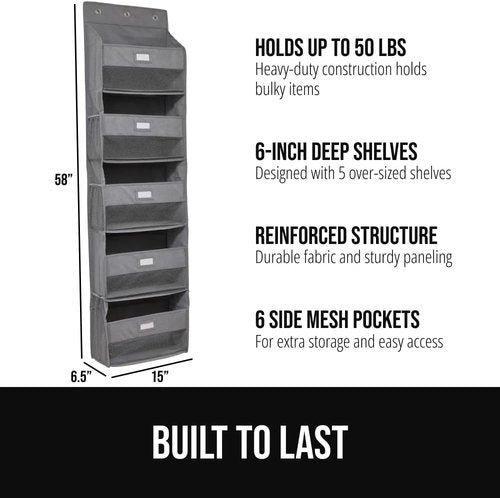 GORILLA GRIP Over The Door Organizer - 5 Deep Hanging Shelves, Holds 50lbs | Gray, 58x15 Inches