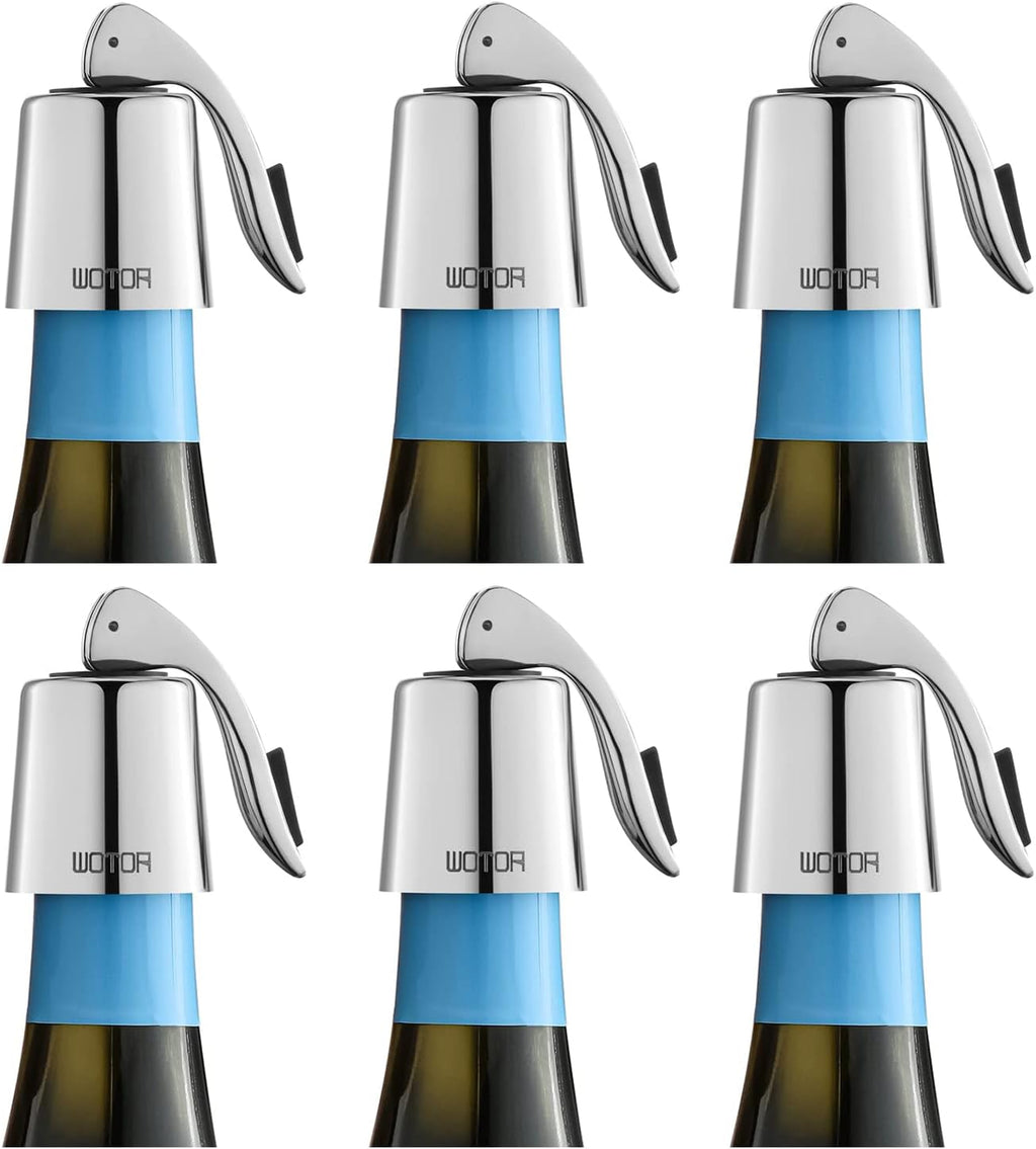 WOTOR Wine Stoppers Stainless Steel Wine Bottle stopper Plug with Silicone Reusable Wine Saver Leak proof Keep Fresh Silver 6 pack