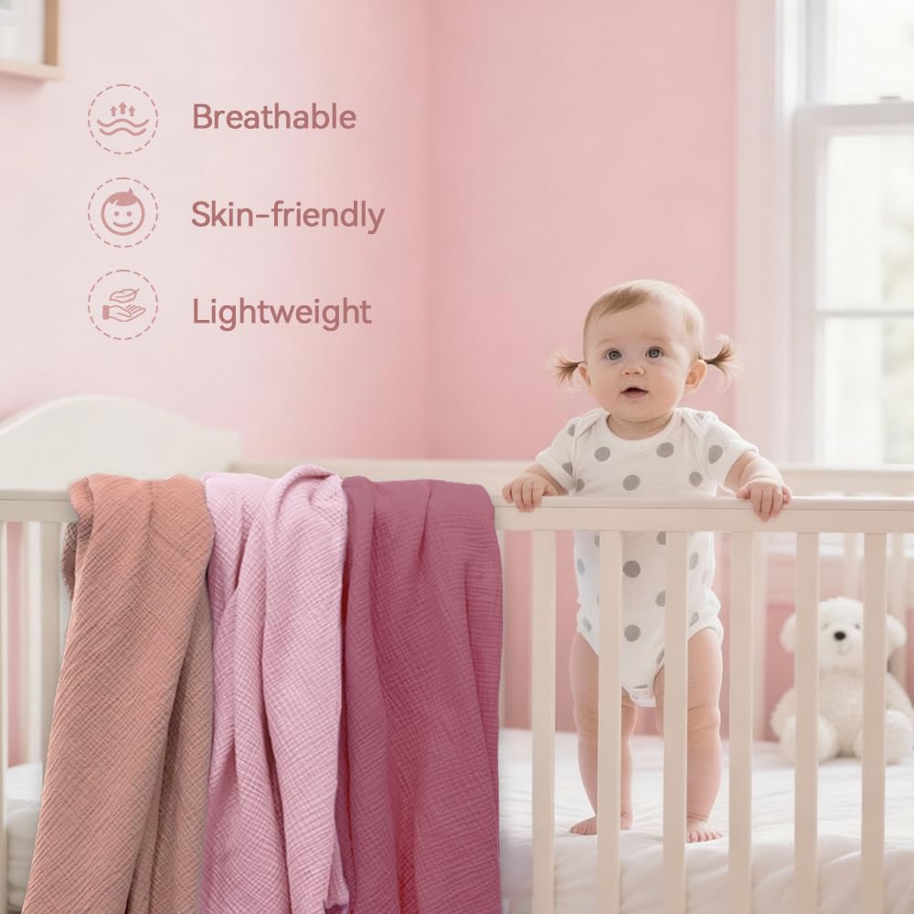 breebleep Muslin Swaddle Blankets for Baby Girl - 3 Pack 47x47 Inch Large Receiving Blankets, Soft Breathable Cotton Nursery Swaddles for Newborn, Infant & Todler, Pink