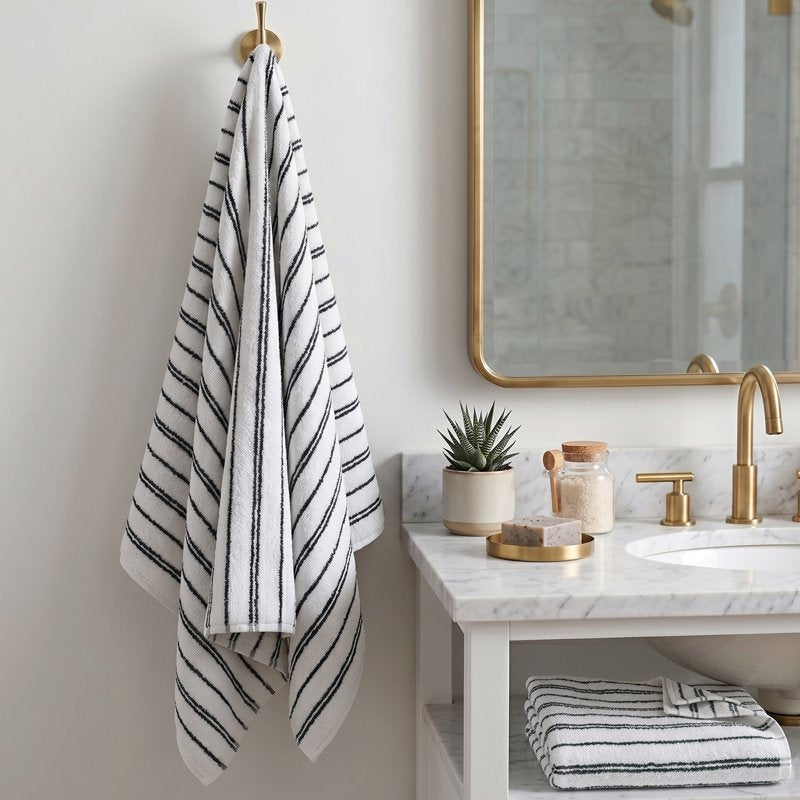 Mainstays Black Striped Cotton Bath Towel - Absorbent 27x52 Inch