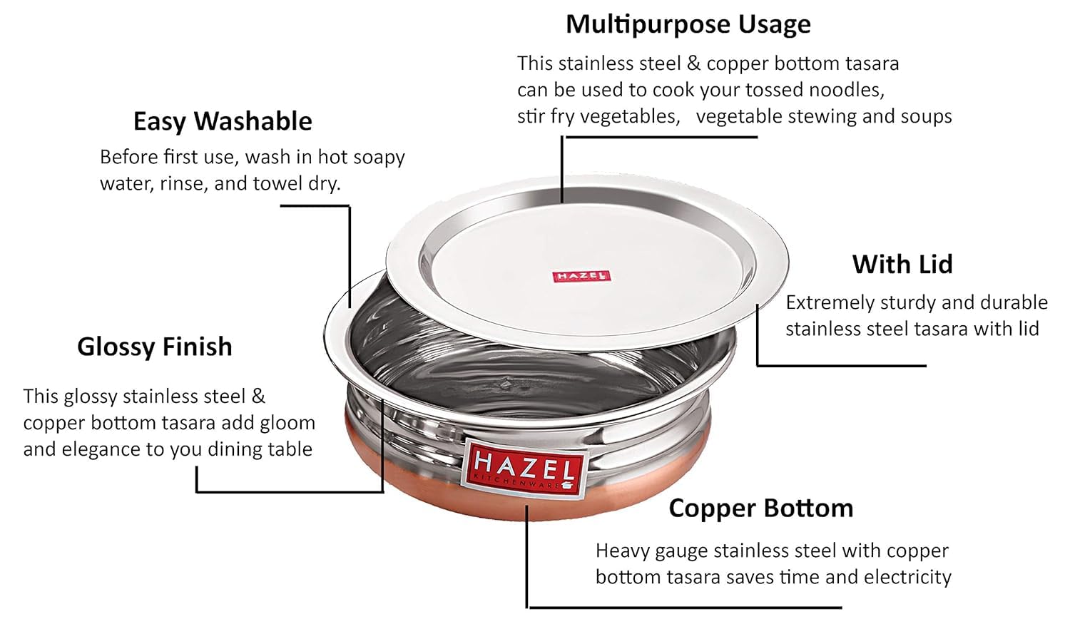 HAZEL Stainless Steel Copper Bottom Pot Handi with Lid | Urli Vessel Cooking Stainless Steel | Serving Tope Handi | Serveware set of 5 (600 ml, 900 ml, 1200 ml, 1500 ml, 1800 ml) | 3 Months Warrenty