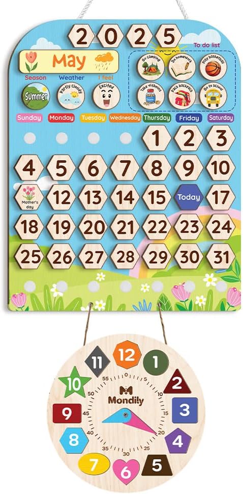 Skiennix Interactive Wooden Calendar for Kids Ages 3+ | Teach Seasons & Daily Activities (12 x 15 Inches)