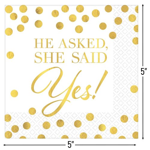 Elegant Gold & White "He Asked, She Said Yes!" Hot Stamped Beverage Napkins - 5" x 5" (Pack Of 16) | Sturdy Paper Materials | Perfect For Weddings & Engagements Celebrations