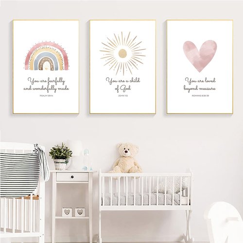 Boho Nursery Wall Art 3 Pieces Bible Verse Nursery Art Christian Girls Nursery Wall Art Heart Rainbow Sun Nursery Art Print Boho Sunshine Decor for Girl Baby Kid Room Decor 12x16 Inch Unframed