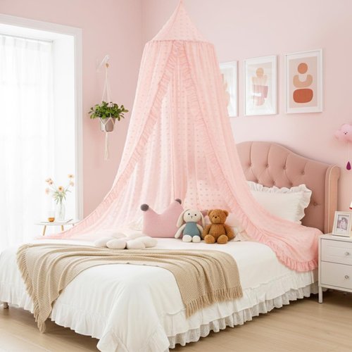 Mengesi Bed Canopy with Pom Pom- Lace Chiffon Canopy Bed Curtains, Ruffles Princess Reading Nook Play Tent for Girls Room (Beige Pink)
