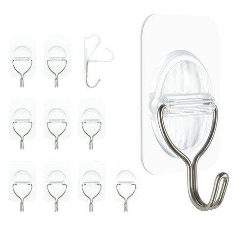 BaGushan Adhesive Wall Hooks No Damage, Stick On Hooks for Hanging 10 Pack - Transparent Stainless Steel 5KG Heavy Duty, Waterproof Removable (3.5x5.3cm) Kitchen Bathroom Office, Ganchos para Pared