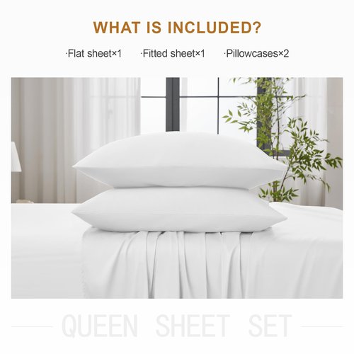 Warmstar 100% Cotton Queen Sheet Set,600 Thread Count Cotton Bed Sheets Sateen Soft Cotton Queen Size Sheet Set Deep Pocket, 4 Pc Bed Sheet Set -1 Flat Sheet, 1 Fitted Sheet,2 Pillowcases,White