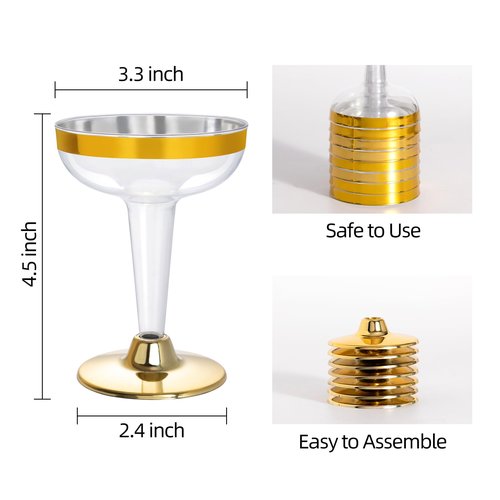 Lullaby 50PCS 5oz Plastic Champagne Coupe Glasses with Gold Rim, Elegant Plastic Champagne Glasses, Unbreakable and Crystal Clear, Perfect for Weddings, Parties, Birthdays, and Special Occasions