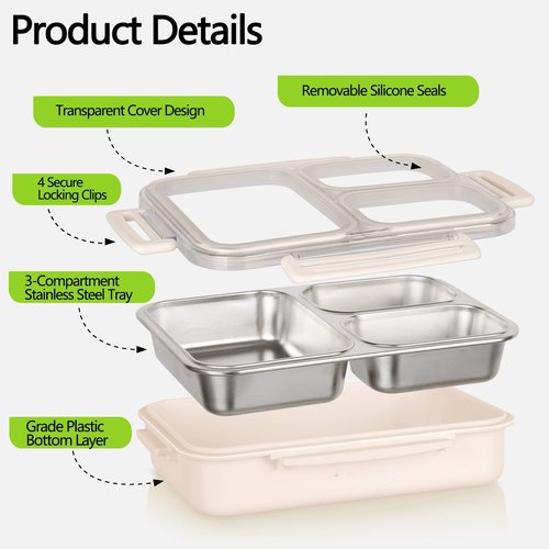 PTYTIFY Stainless Steel Bento Box, 3 Compartments Leakproof Stainless Steel Snack Containers, 25 oz Premium 304 Metal Lunch Box for Adults, BPA-Free, Dishwasher Safe (Beige)