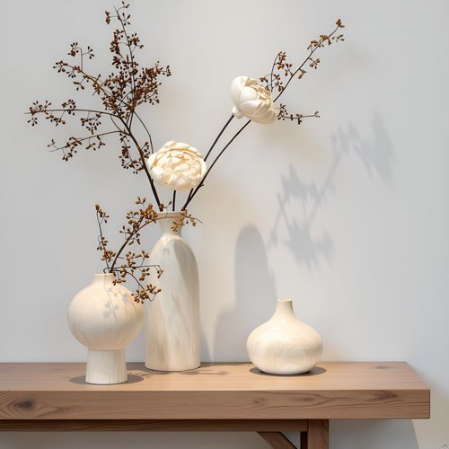 SincereLuxe White Ceramic Vase Set of 3 in Beige, Modern Aesthetic Stone-Look Textured Pottery Vases for Shelf & Bookshelf Home Decor, Neutral Minimalist Decorative Vases for Flowers & Pampas Grass