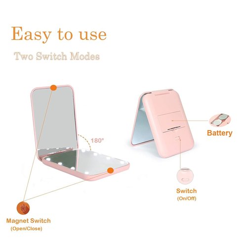 Kintion Compact LED Pocket Mirror - 1X/3X Magnification, Portable & Folding, Pink Travel Makeup Mirror