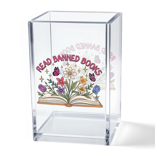 Vgrti Read Books Acrylic Pencil Pen Holder Cup, Floral Reading Bookmark Holder for Book Club Library Bookshelf Desk Decor, Book Lover Gifts for Women Men Teens Teachers Bookworms Librarians Readers