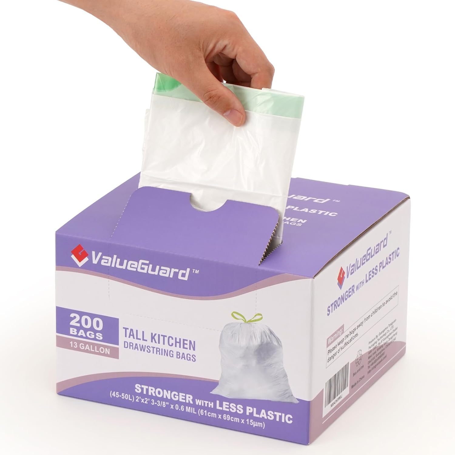 ValueGuard 13 Gallon Drawstring Trash Bags - Durable Tall Waste Bags for Kitchen & Office (200 Count)