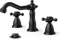 FORIOUS Matte Black Bathroom Faucet - Vintage 3 Hole Widespread Design with Cross Handles & Drain | 8 Inch