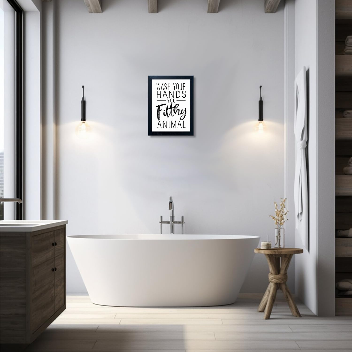 Regine Switzerland Black and White Bathroom Decor Art - Framed Canvas Print for Kid's Washroom