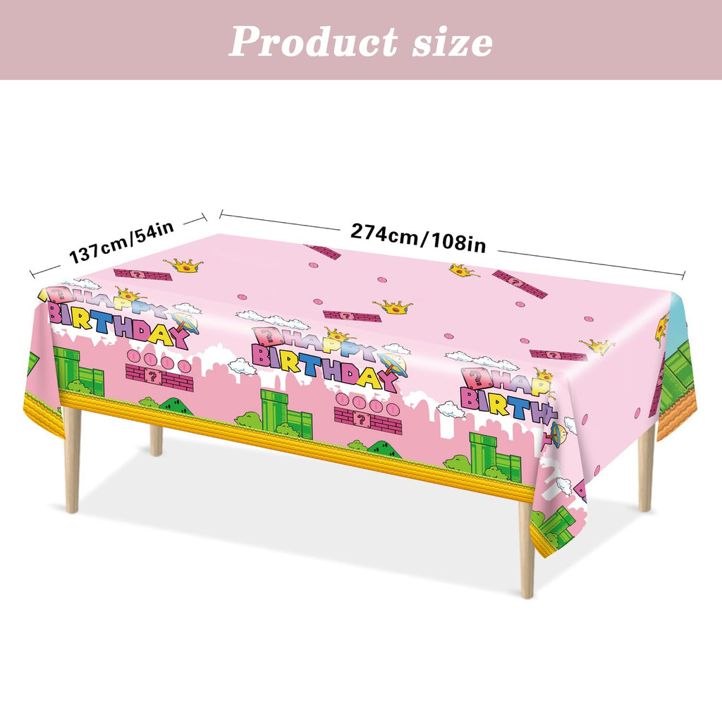 USERTEN 2Pcs Super Brothers Adventure Party Tablecloths 108 x 54 inches Video Game Theme Plastic Table Cloth Fits for Princess Peach Girl Birthday Party Decoration Pink Disposable Tablecover Supplies
