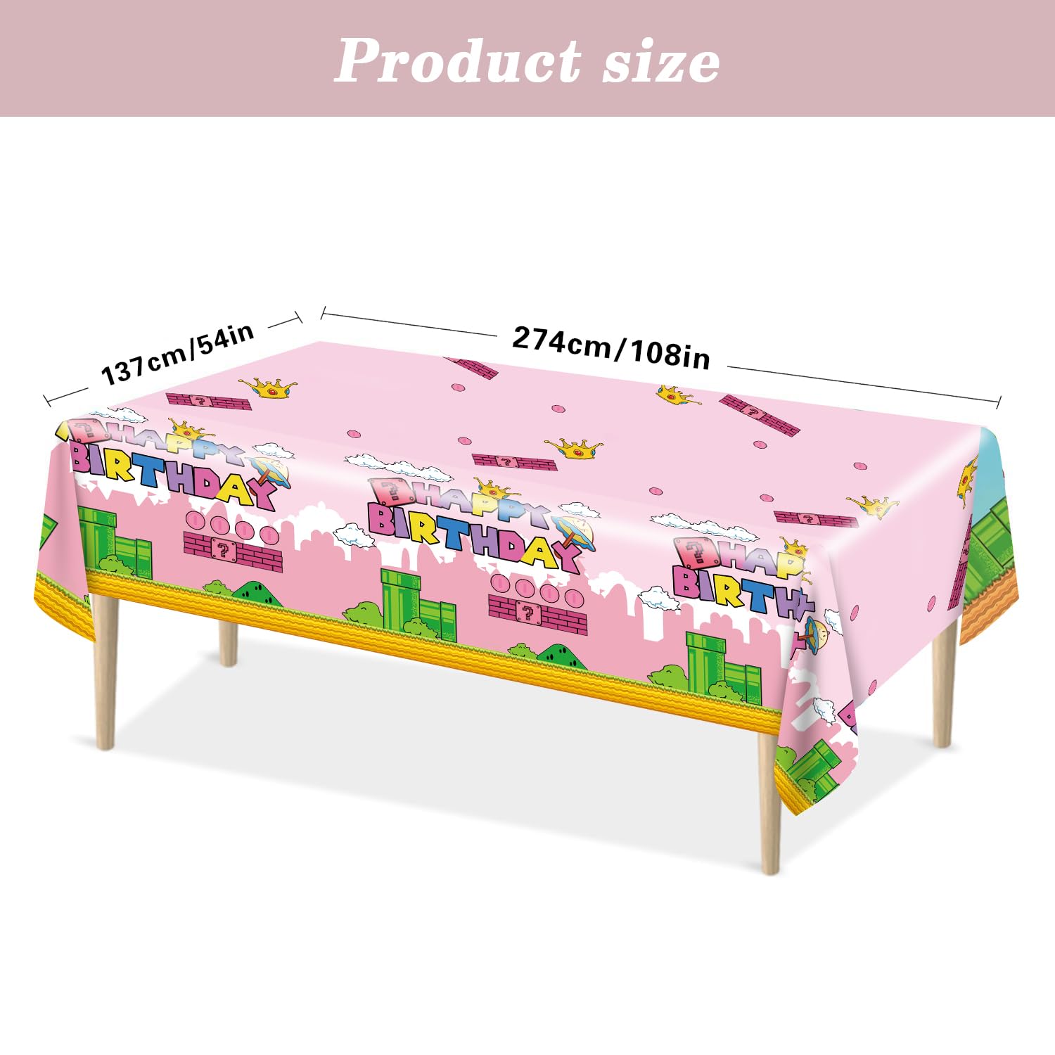 USERTEN 2Pcs Super Brothers Adventure Party Tablecloths 108 x 54 inches Video Game Theme Plastic Table Cloth Fits for Princess Peach Girl Birthday Party Decoration Pink Disposable Tablecover Supplies