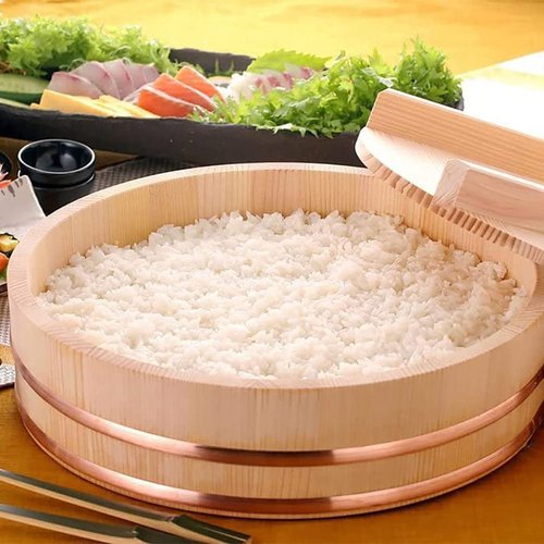 TIKUSAN Wooden Hangiri Sushi Rice Mixing Tub Copper Band with Lid Made in Japan Made of Sawara Cypress Sushi Rice Bowl with Lid Sushi Oke (10.6" (27cm))