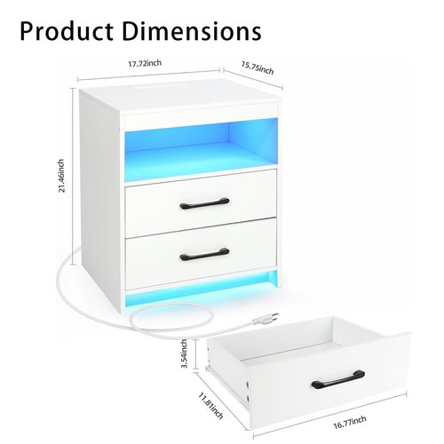 ansefe Night Stand with Charging Station and Ambient Light, LED Nightstand with USB-C Ports and Outlets, Morden Bedside Table with 2 Drawers and Open Compartment, End Table for Bedroom, White