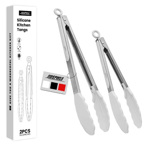 JIDSPWLS Premium Stainless Steel Heat Resistant Kitchen Tongs for cooking,set of 9" and 12" (White),Non Scratch Silicone cooking Tong Tip for Cooking Pans,Strong Grip BBQ tongs for Grabbing Hot Food