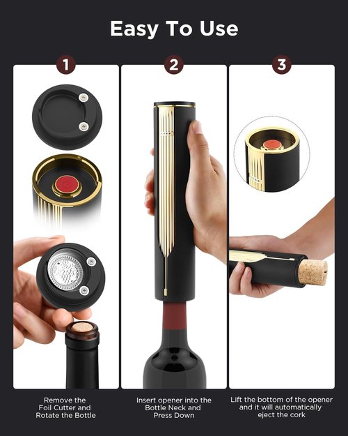 Newise Rechargeable Electric Wine Opener with Charging Base & Foil Cutter, Automatic Corkscrew for 60 Bottles, Luxury Gift for Wine Lovers Women Men - Gold & Black