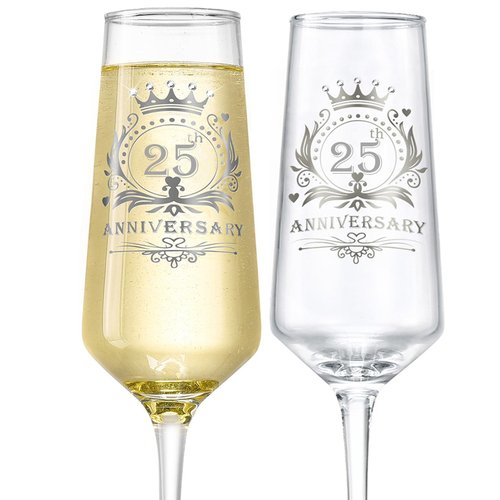 ROXBURGH 25th Wedding Anniversary Champagne Flutes Present Rhinestones Studded, 25th Anniversary Decorations 7 OZ Crystal Champagne Glasses Set of 2, Wedding Present, Couples