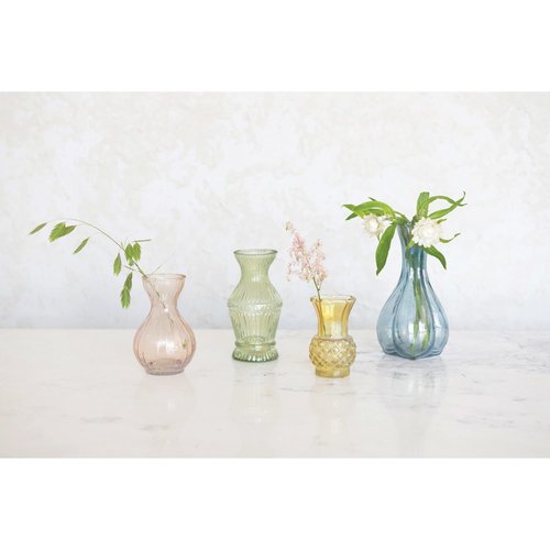 Creative Co-Op Various Decorative Debossed Glass Vases, Multicolor, Set of 4