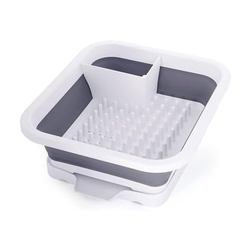 Copco White Collapsible Dish Rack with Soft Pegs to Prevent Scracthes on Glasses, Pans, ect, Allowing Optimal Drying, Featuring Angled Drain Board and Removable Flatware Caddy Maximum Drying Space