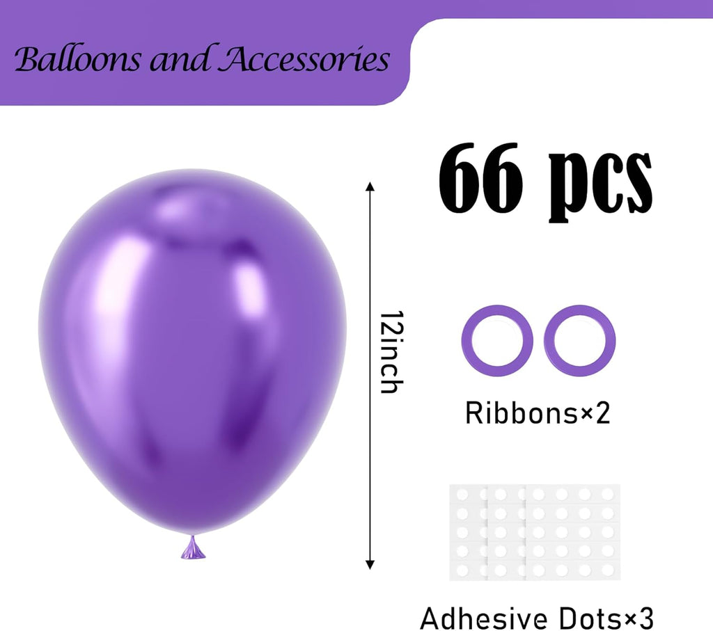 Voircoloria Metallic Purple Balloons - 12-Inch Chrome Latex | 66-Pack for Birthday, Wedding & More