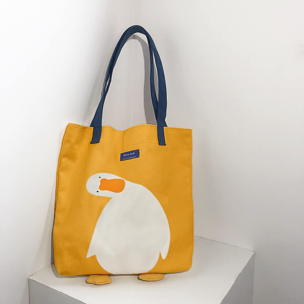 MEETPET Cute Canvas Tote Bag for Women Reusable Cotton Cloth Bag for Lunch Grocery Shopping and Beach with 3D Duck Design (Shoulder Carry Yellow Duck)