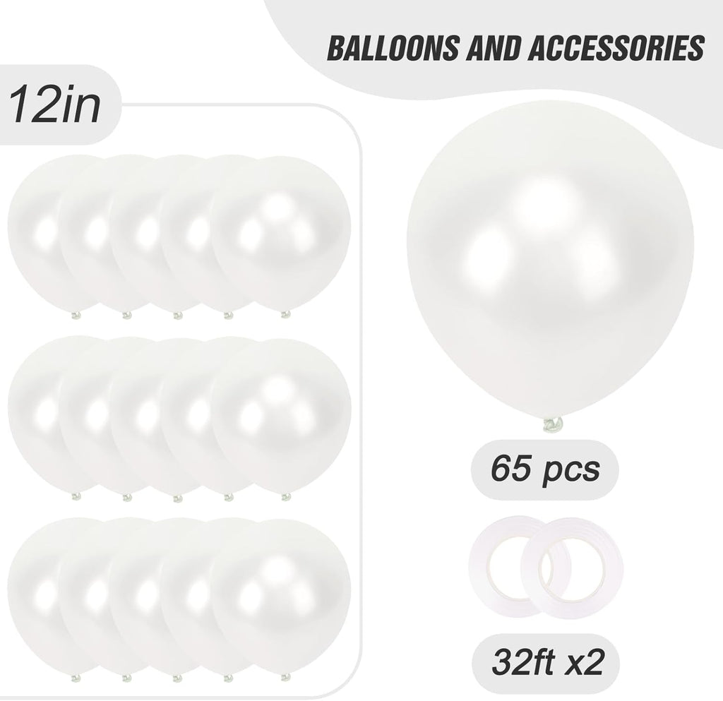 RUBFAC Pearl White Balloons - 12 Inch Party Balloons with Ribbons | 65pcs for Weddings & Celebrations