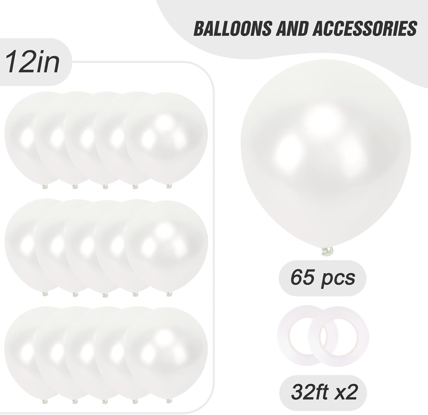 RUBFAC Pearl White Balloons - 12 Inch Party Balloons with Ribbons | 65pcs for Weddings & Celebrations