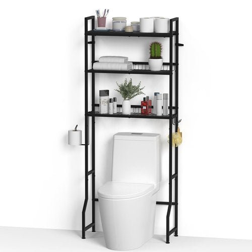 YBING Over The Toilet Rack 3 Tier Bathroom Shelf Over Toilet Storage Organizer Freestanding Above Toilet Storage Rack with Metal Frame and Hook Bathroom Over Toilet Storage Stand Black