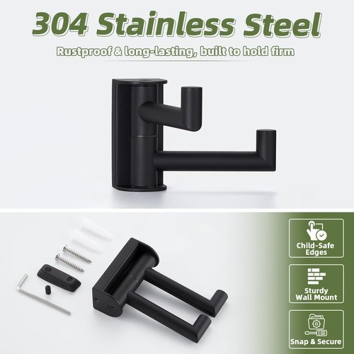 APLusee Swivel Towel Hook 2 Arms Matte Black, 304 Stainless Steel Bathroom Double Towel Holder, Folding Robe Hook Wall Mounted