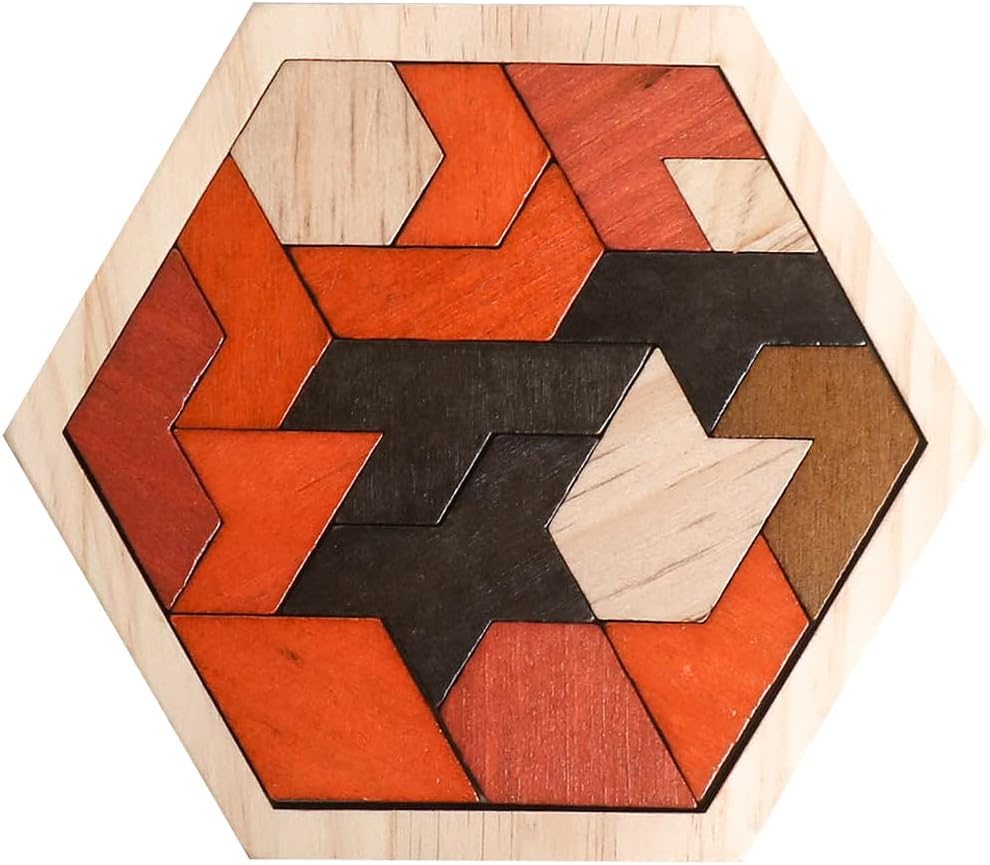 Skrtuan Wooden Hexagon Tangram Puzzle - Educational Brain Teaser for Kids & Adults | Portable Montessori Toy