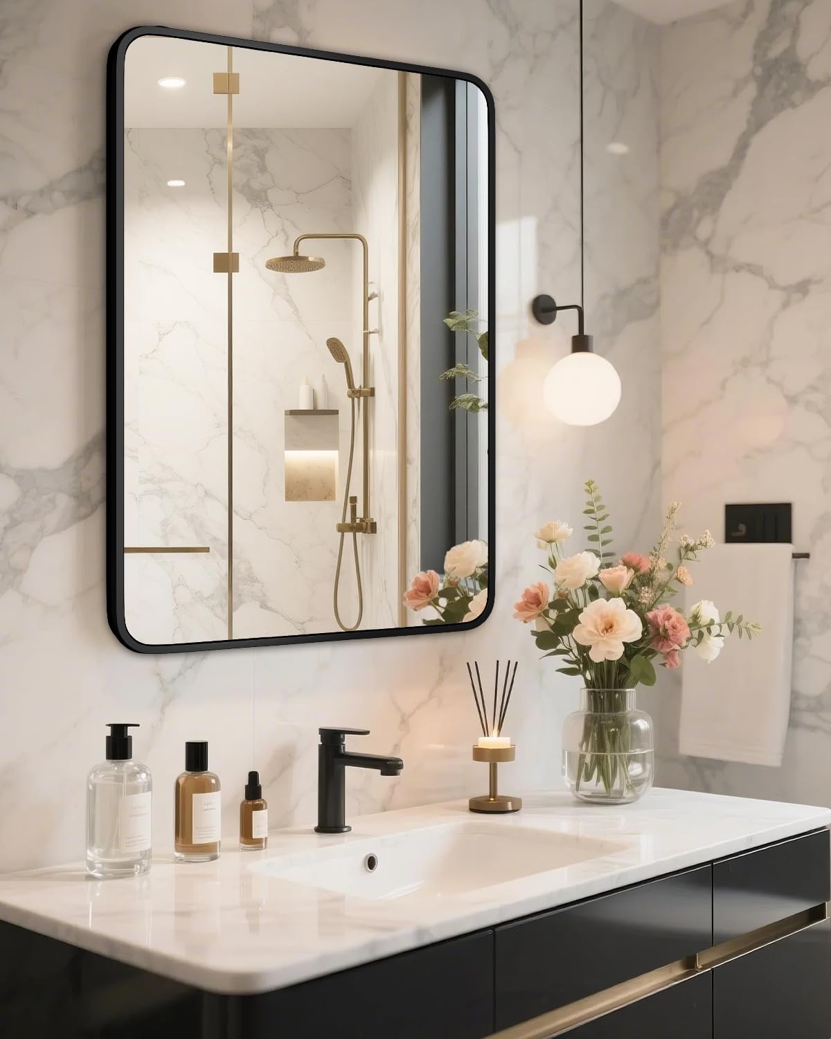 SUNQUEEN 36" x 24" Black Bathroom Mirror for Wall, Modern Bathroom Vanity Mirror for Over Sink Bedroom Entryway or Living, Metal Framed HD Tempered Glass Room Horizontal or Vertical