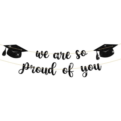 Qumic Graduation Decorations - 10 ft Black We are so Proud of You Banner, Black Graduate Banner, Happy Grad Supplies, Graduation Decorations for Middle School, High School, College