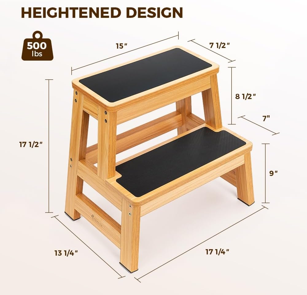 StrongTek Wood Step Stool - Heavy-Duty Two-Step Design for Adults & Kids | 17" Tall, Non-Slip Steps