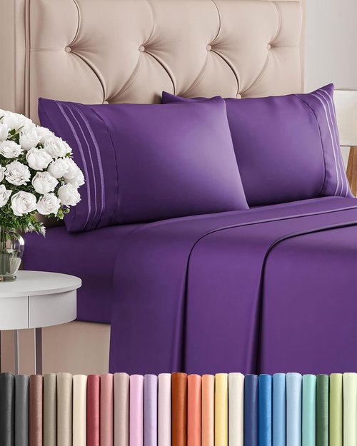King Size 4 Piece Sheet Set - Ultra-Soft Cooling Bed Sheets | Hotel Luxury Bedding - Deep Pockets, Wrinkle-Free - Oeko-Tex Certified - Purple