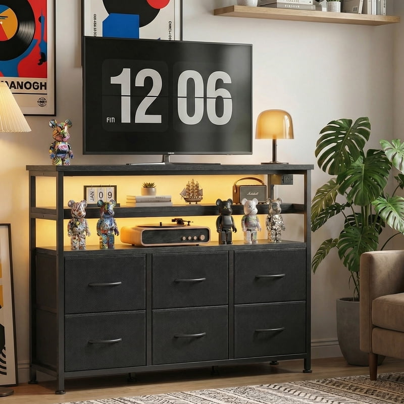 6-Drawer Fabric Dresser with Power Outlets & LED Light - Multiple Colors