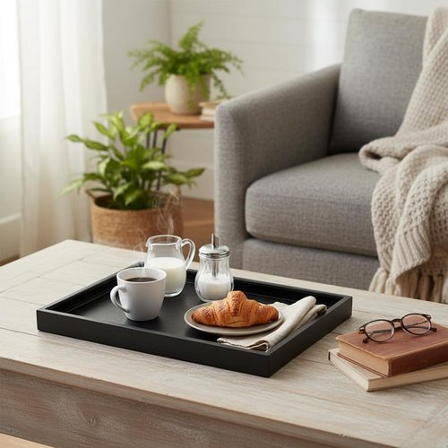 QAVOL 25 x 15 inches High-End Light Luxury Leather Rectangle Oversized Service Tray for Ottoman Tray, Coffee, Food, Family Dinner, Picnic, Party Essentials (Black, 25 x 15 inch)