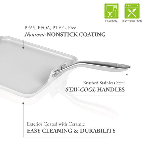 TECHEF - CeraTerra Ceramic Nonstick Square Griddle Pan (PTFE and PFOA Free Ceramic Exterior & Interior), Oven & Dishwasher Safe, Made in Korea, Grey/Silver (Griddle Pan)
