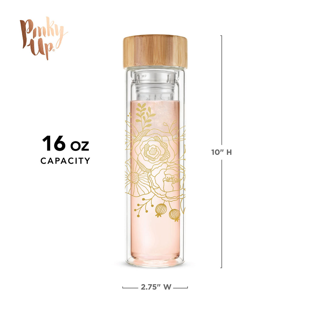 Pinky Up Blair Travel Infuser Mug, Double-Walled Glass, Stainless Steel Strainer, 16 Oz, Bouquet