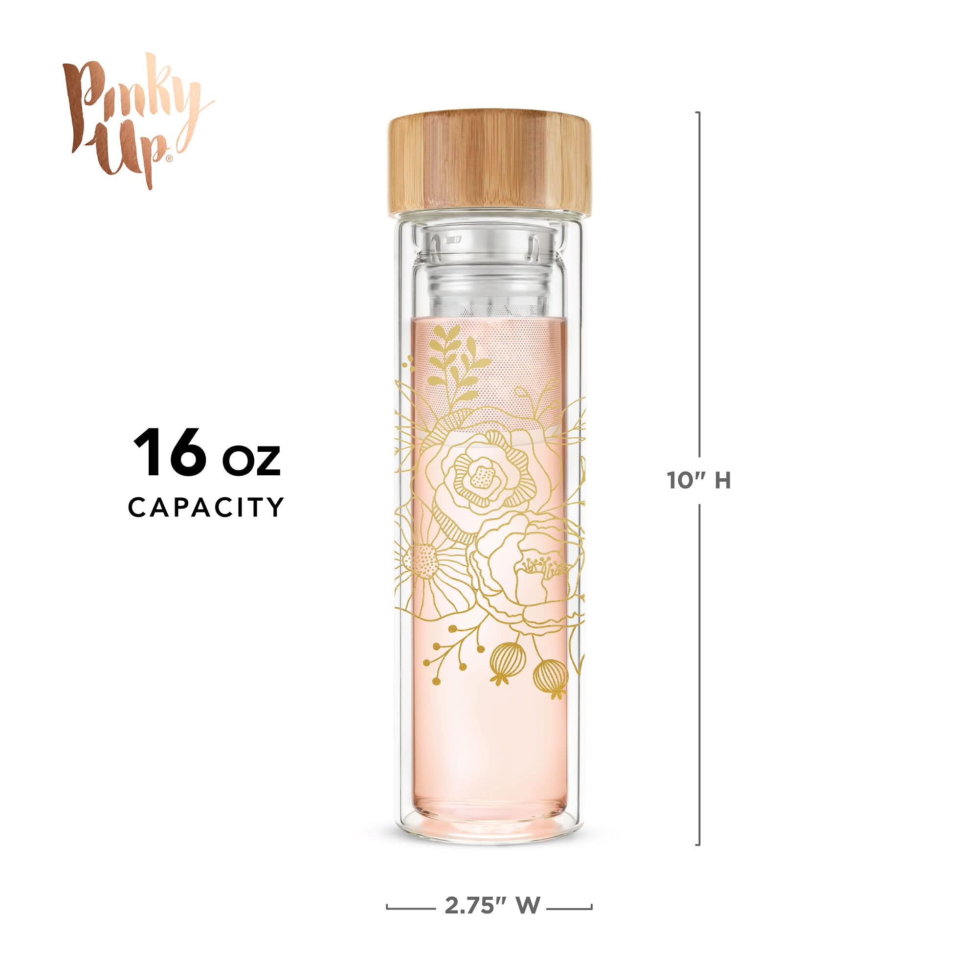 Pinky Up Blair Travel Infuser Mug, Double-Walled Glass, Stainless Steel Strainer, 16 Oz, Bouquet