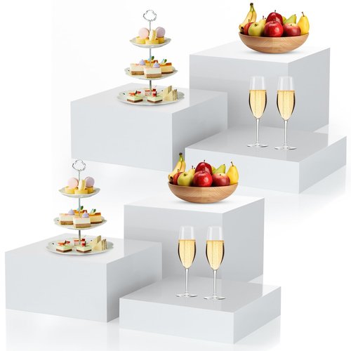 Bouiexye 6Pcs White Buffet Risers Acrylic Boxes Display Risers Food Risers for Buffet Table Display Riser for Platter Parties Weddings Catering Dessert Collectibles Figures Show ( 6''x7''x8'')