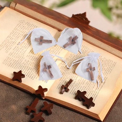 Handmade 10Pcs Wooden Cross Fidget Bulk with Organza Bags - Stress Relief Pocket Cross My Heart for Christian, Pocket Prayer Cross, Religious Easter Day Gifts